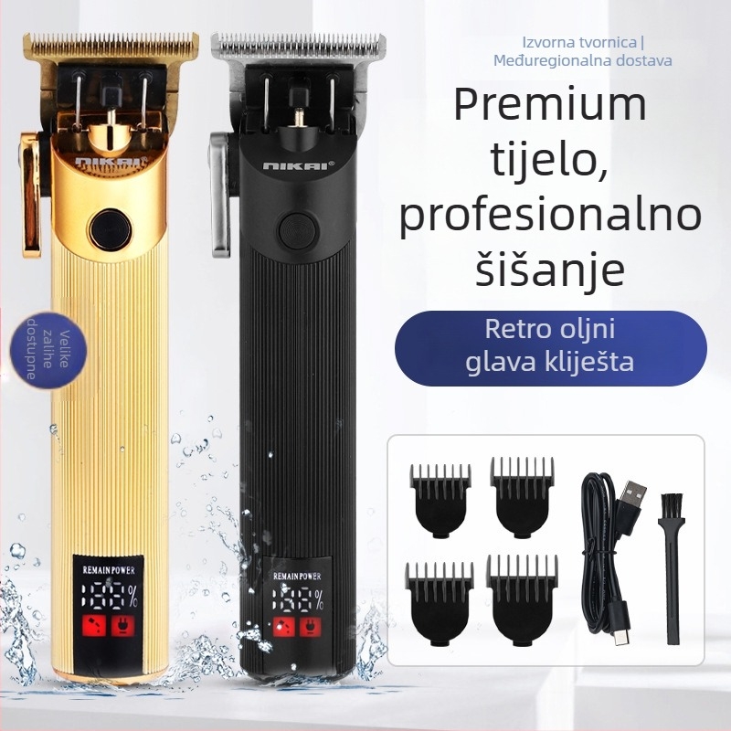 Električni kliper za kosu s bezčetkasti motorom, glavom za rezanje od nehrđajućeg čelika, ugrađena baterija, autonomija 1–3 sata