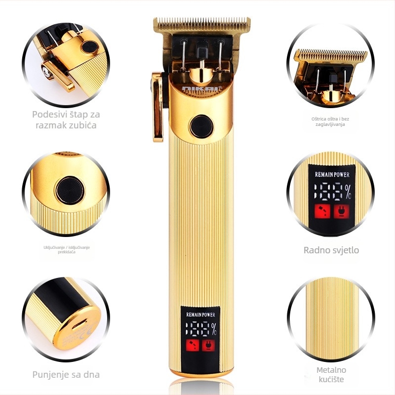 Električni kliper za kosu s bezčetkasti motorom, glavom za rezanje od nehrđajućeg čelika, ugrađena baterija, autonomija 1–3 sata