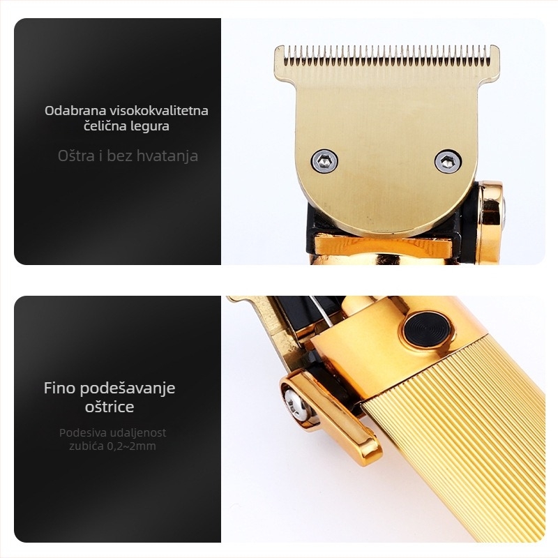 Električni kliper za kosu s bezčetkasti motorom, glavom za rezanje od nehrđajućeg čelika, ugrađena baterija, autonomija 1–3 sata