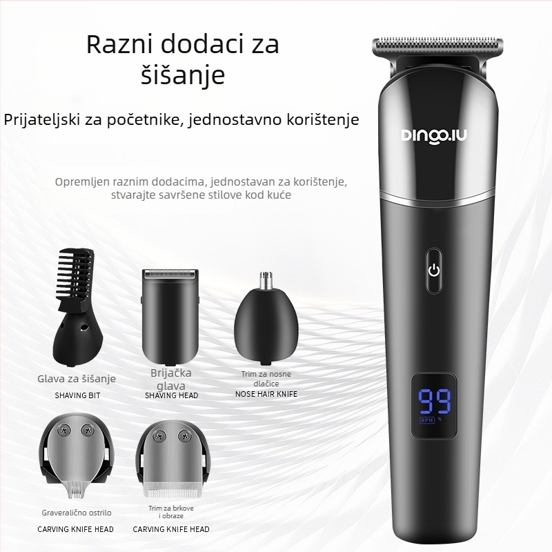 Električni komplet za kosu, bezčetkasti motor, nože od nehrđajućeg čelika, vodootporan i potpuno periv, izmjenjiva baterija 1000–1200 mAh, radno vrijeme 1–3 sata