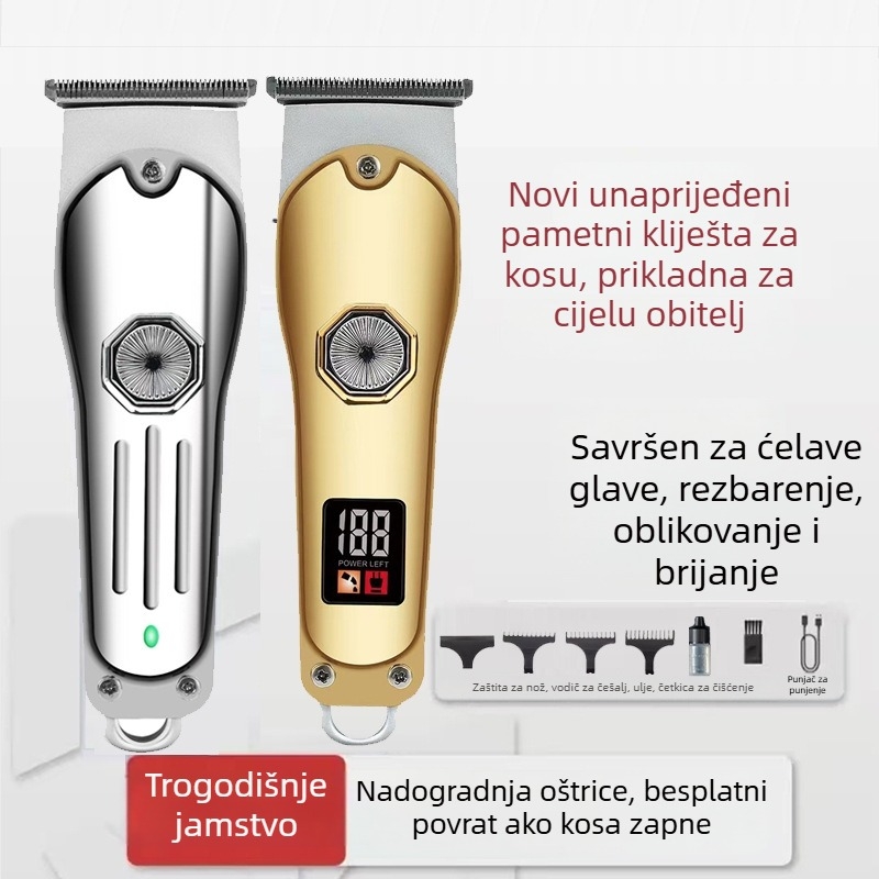 Električni aparat za šišanje kose – bez četkasti motor, oštrice od titanijevog legura, vodootporna konstrukcija, ugrađena baterija 500–800 mAh, dvostruko napajanje