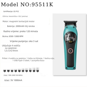 Električni šišač za kosu s magnetskim levitacijskim bezčetničkim motorom, oštrice od nehrđajućeg čelika, ugrađena baterija 2000–4000 mAh, radno vrijeme 3–6 sati, odvojiva i periva glava