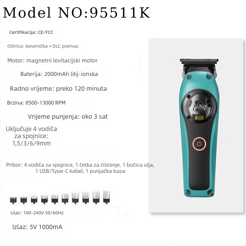 Električni šišač za kosu s magnetskim levitacijskim bezčetničkim motorom, oštrice od nehrđajućeg čelika, ugrađena baterija 2000–4000 mAh, radno vrijeme 3–6 sati, odvojiva i periva glava