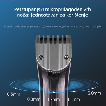 Električni stroje za kosu za salon s ugrađenom baterijom 2000–4000 mAh, radno vrijeme 6–8 sati, noževi od titanijskog legura, četkasti motor, uklonjiva i periva glava za rezanje