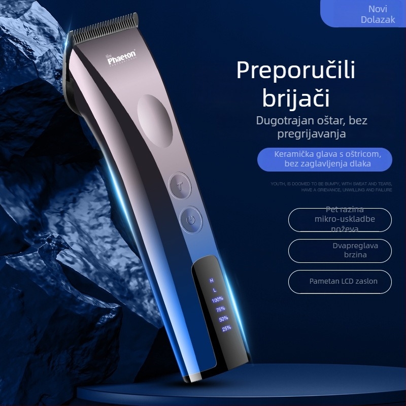 Električni stroje za kosu za salon s ugrađenom baterijom 2000–4000 mAh, radno vrijeme 6–8 sati, noževi od titanijskog legura, četkasti motor, uklonjiva i periva glava za rezanje