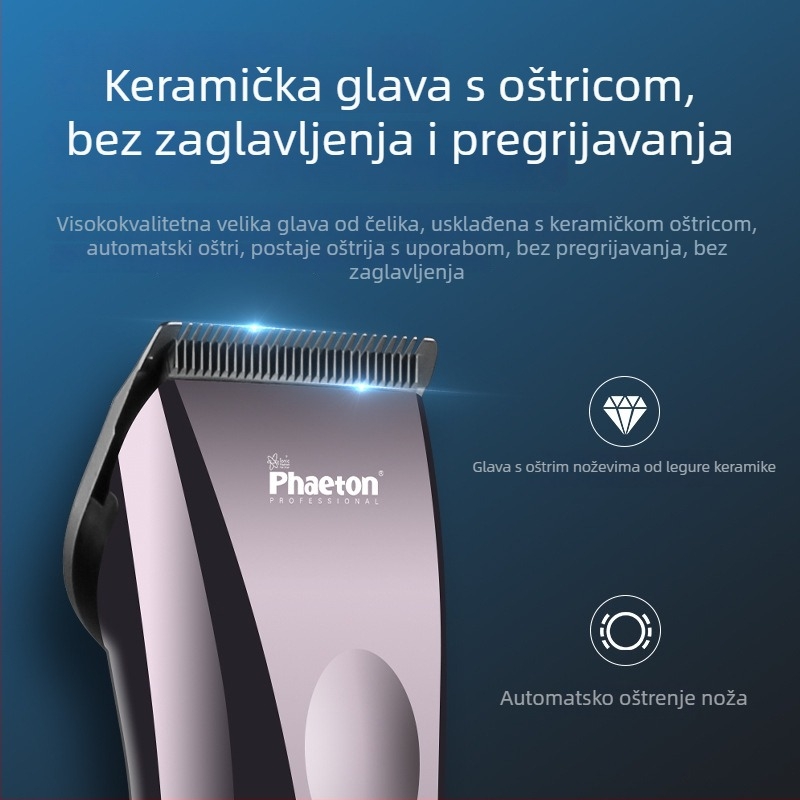 Električni stroje za kosu za salon s ugrađenom baterijom 2000–4000 mAh, radno vrijeme 6–8 sati, noževi od titanijskog legura, četkasti motor, uklonjiva i periva glava za rezanje
