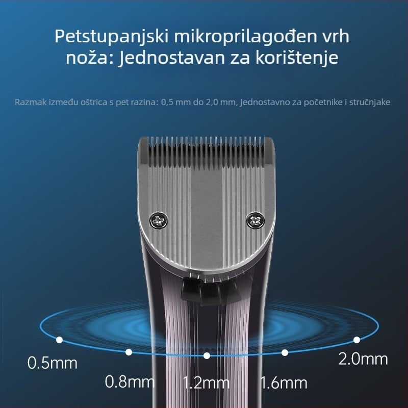 Električni stroje za kosu za salon s ugrađenom baterijom 2000–4000 mAh, radno vrijeme 6–8 sati, noževi od titanijskog legura, četkasti motor, uklonjiva i periva glava za rezanje