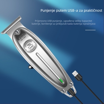 KM-1949 električni klipper s potpuno metalnim kućištem, visoke snage, punjivi, oštrica od titanij‑lijevnog legura, uklonjiva i periva glava