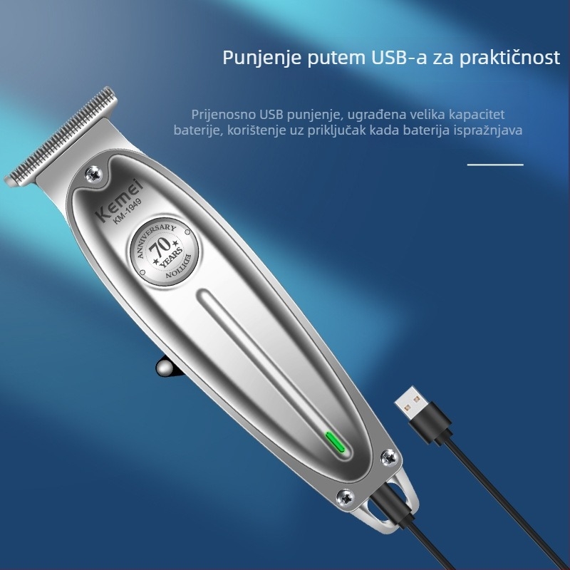 KM-1949 električni klipper s potpuno metalnim kućištem, visoke snage, punjivi, oštrica od titanij‑lijevnog legura, uklonjiva i periva glava