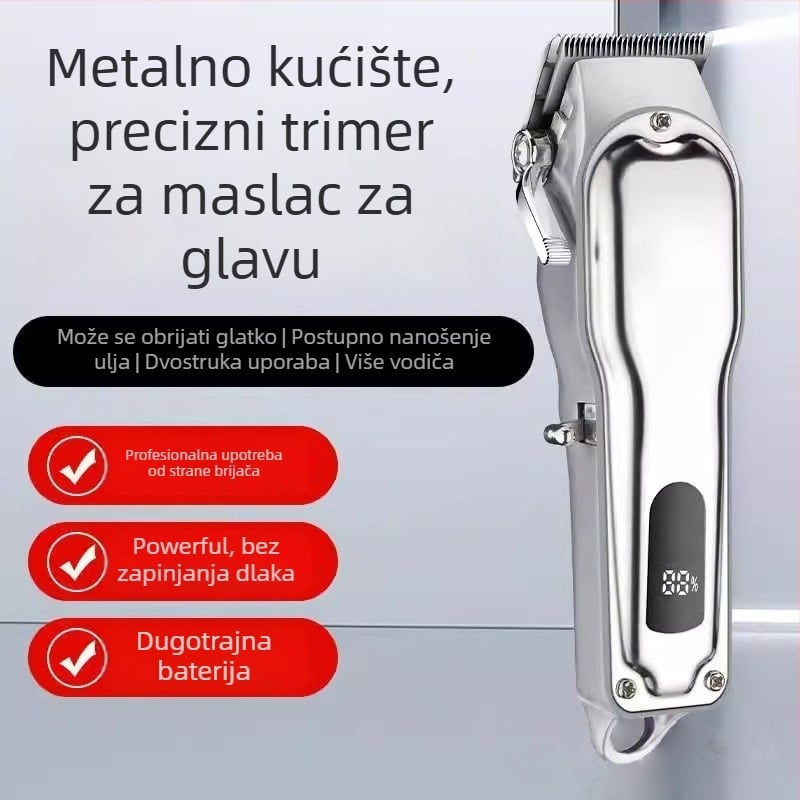 Električni stroj za šišanje kose - potpuno metalno kućište, USB punjenje s LCD zaslonom, motor bez četkica, oštrice od nehrđajućeg čelika, odvojiva i periva glava za rezanje, ugrađena baterija 1000–1200 mAh