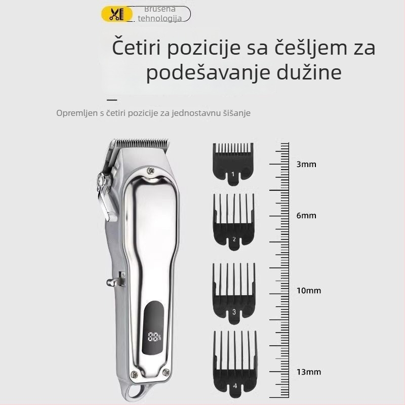 Električni stroj za šišanje kose - potpuno metalno kućište, USB punjenje s LCD zaslonom, motor bez četkica, oštrice od nehrđajućeg čelika, odvojiva i periva glava za rezanje, ugrađena baterija 1000–1200 mAh