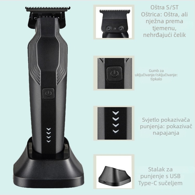 Bežični aparat za šišanje kose, USB punjenje, ugrađena baterija, četkasti motor, oštrice od nehrđajućeg čelika, kompaktnog dizajna za kućnu i salonsku upotrebu, 7000 rpm