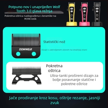 Clipper za kosu s vanjskim rotorom motorom, dvostruko napajanje, nože od nehrđajućeg čelika, ugrađena baterija 4000–6000 mAh, buka 46–70 dB