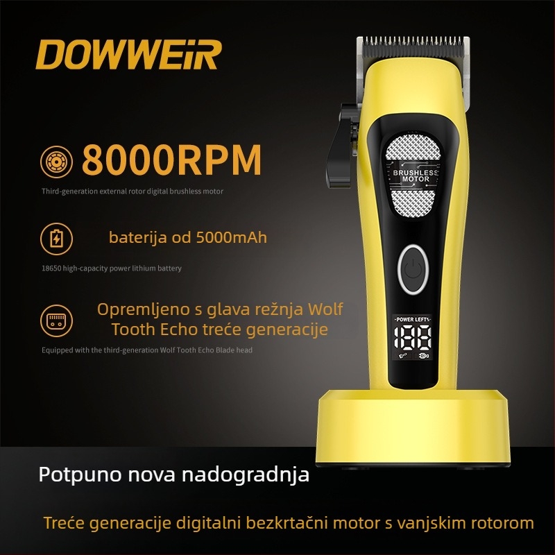 Clipper za kosu s vanjskim rotorom motorom, dvostruko napajanje, nože od nehrđajućeg čelika, ugrađena baterija 4000–6000 mAh, buka 46–70 dB