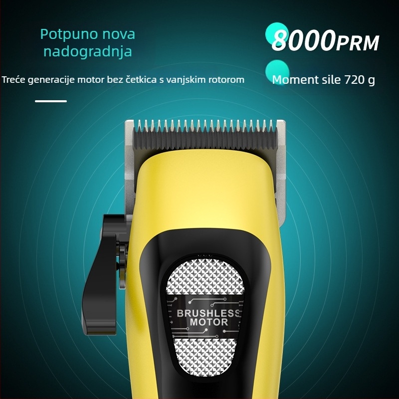 Clipper za kosu s vanjskim rotorom motorom, dvostruko napajanje, nože od nehrđajućeg čelika, ugrađena baterija 4000–6000 mAh, buka 46–70 dB