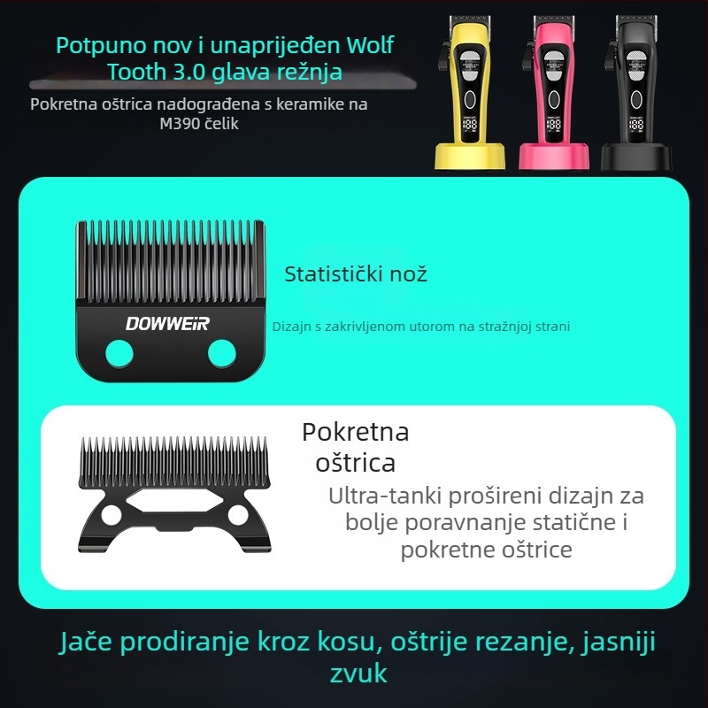 Clipper za kosu s vanjskim rotorom motorom, dvostruko napajanje, nože od nehrđajućeg čelika, ugrađena baterija 4000–6000 mAh, buka 46–70 dB
