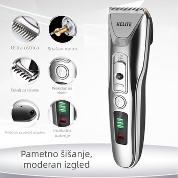 Kelite KLT-8188 USB punjač za kosu s podesivom snagom i digitalnim prikazom, keramička oštrica, četkasti motor, ugrađena baterija 1000–1200 mAh, buka 46–70 dB, trajanje 1–3 sati