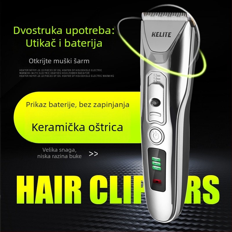 Kelite KLT-8188 USB punjač za kosu s podesivom snagom i digitalnim prikazom, keramička oštrica, četkasti motor, ugrađena baterija 1000–1200 mAh, buka 46–70 dB, trajanje 1–3 sati