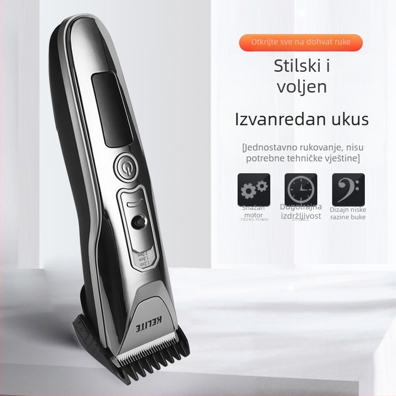 Kelite KLT-8188 USB punjač za kosu s podesivom snagom i digitalnim prikazom, keramička oštrica, četkasti motor, ugrađena baterija 1000–1200 mAh, buka 46–70 dB, trajanje 1–3 sati