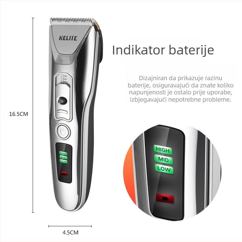 Kelite KLT-8188 USB punjač za kosu s podesivom snagom i digitalnim prikazom, keramička oštrica, četkasti motor, ugrađena baterija 1000–1200 mAh, buka 46–70 dB, trajanje 1–3 sati