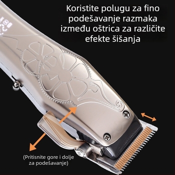 Električni muški kliper za kosu s četkastim motorom, oštrica od nehrđajućeg čelika, ugrađena baterija 1000–1200mAh, trajanje 3–6 sati, tih rad (<36 dB)
