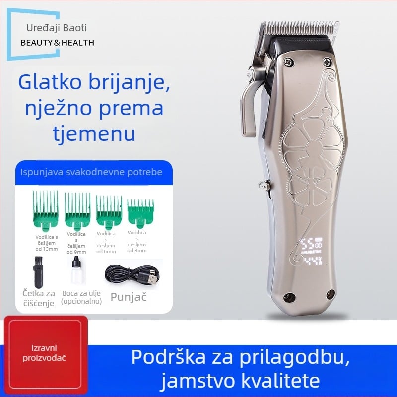 Električni muški kliper za kosu s četkastim motorom, oštrica od nehrđajućeg čelika, ugrađena baterija 1000–1200mAh, trajanje 3–6 sati, tih rad (<36 dB)