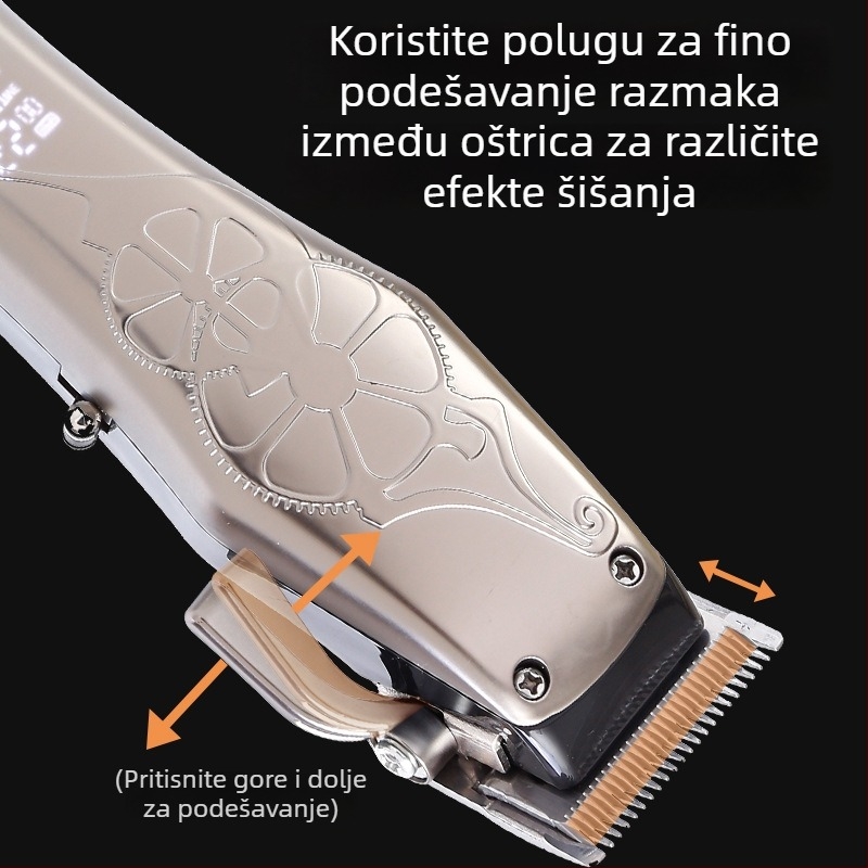 Električni muški kliper za kosu s četkastim motorom, oštrica od nehrđajućeg čelika, ugrađena baterija 1000–1200mAh, trajanje 3–6 sati, tih rad (<36 dB)