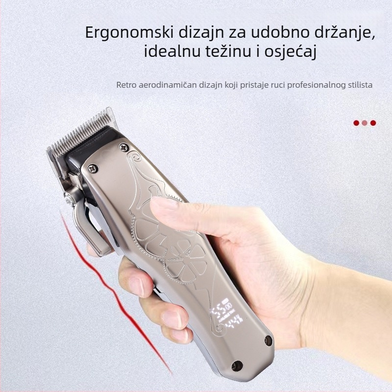 Električni muški kliper za kosu s četkastim motorom, oštrica od nehrđajućeg čelika, ugrađena baterija 1000–1200mAh, trajanje 3–6 sati, tih rad (<36 dB)