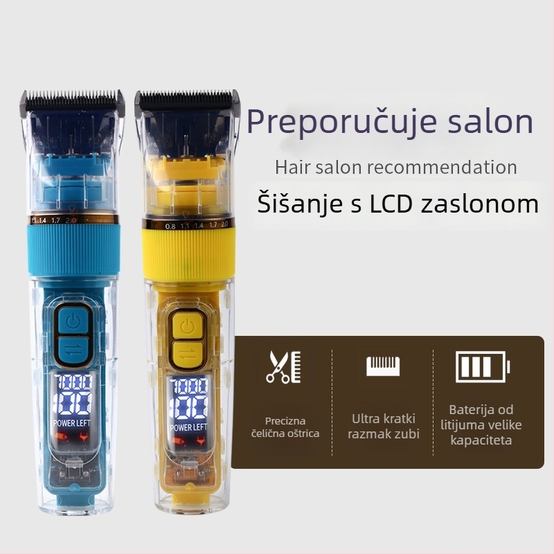 Električni aparat za šišanje kose s čeličnim oštricama, 4-pozicijski nastavak, ugrađena punjiva baterija s digitalnim zaslonom, vodootporan i tih