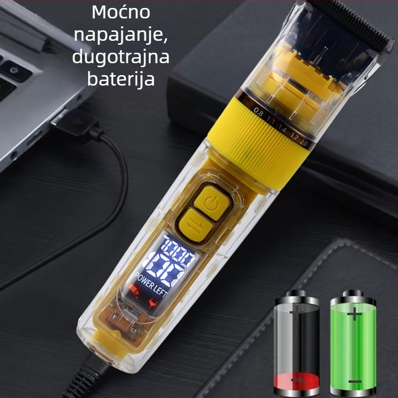Električni aparat za šišanje kose s čeličnim oštricama, 4-pozicijski nastavak, ugrađena punjiva baterija s digitalnim zaslonom, vodootporan i tih