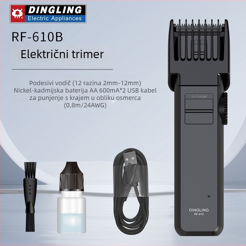 RF-610B Električni trimer i brijač – USB punjenje, dvostrano napajanje, ugrađena baterija 800–1000 mAh, rad 3–6 h, četkasti motor, nehrđajuće čelične oštrice, uklonjiva i periva glava.
