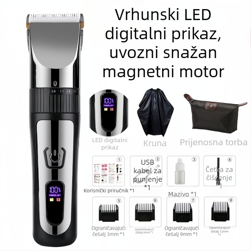 Električni podrezivač za kosu s brushless motorom, keramička oštrica, punjiv, nije vodootporan