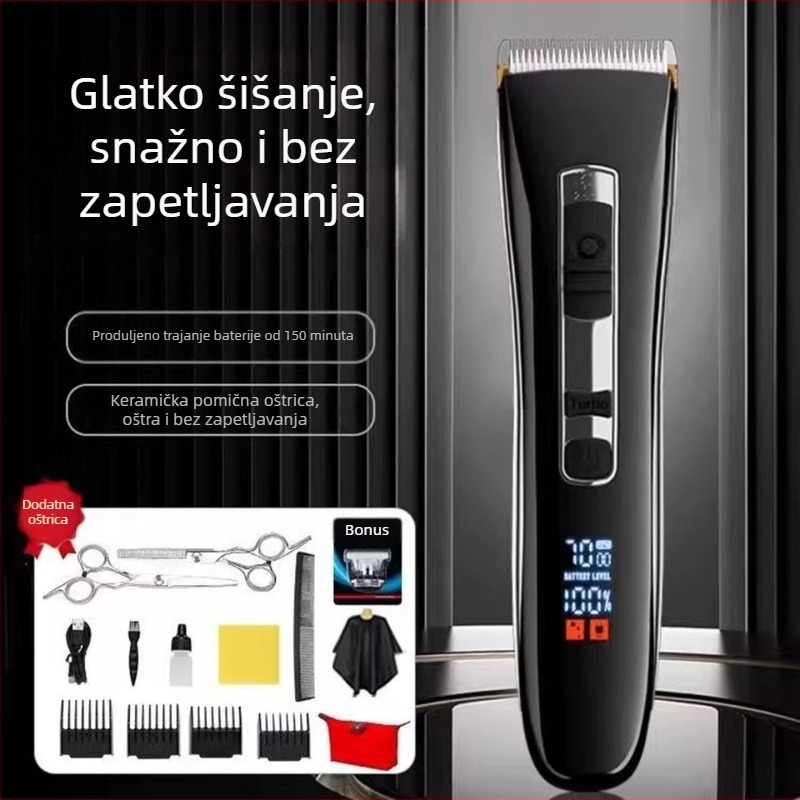 Električni uređaj za šišanje kose s brushless motorom i oštricama od nehrđajućeg čelika, dvostruko napajanje (punjivo/mrežno), tih do 36 dB, pogodan za kućnu upotrebu i kućne ljubimce