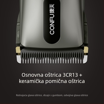 Električni šišač za kosu s motorom bez četkica, keramička glava za rezanje, ugrađena baterija 800–1000 mAh, autonomija 8–12 sati, dvostruko napajanje