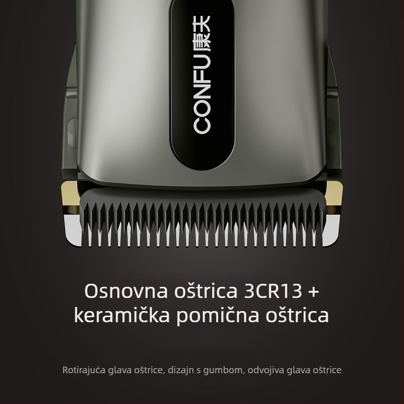 Električni šišač za kosu s motorom bez četkica, keramička glava za rezanje, ugrađena baterija 800–1000 mAh, autonomija 8–12 sati, dvostruko napajanje