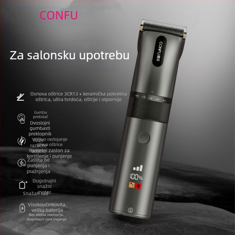 Električni šišač za kosu s motorom bez četkica, keramička glava za rezanje, ugrađena baterija 800–1000 mAh, autonomija 8–12 sati, dvostruko napajanje