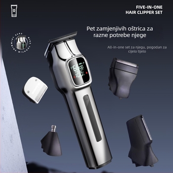 Pet u jednom: muški višefunkcionalni uređaj za šišanje kose s LCD zaslonom, punjiv, ugrađena baterija 1200–2000 mAh, oštrice od nehrđajućeg čelika, perive oštrice