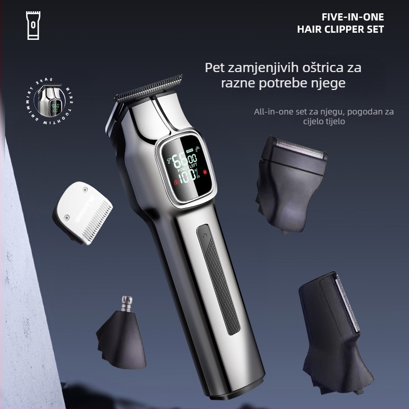 Pet u jednom: muški višefunkcionalni uređaj za šišanje kose s LCD zaslonom, punjiv, ugrađena baterija 1200–2000 mAh, oštrice od nehrđajućeg čelika, perive oštrice