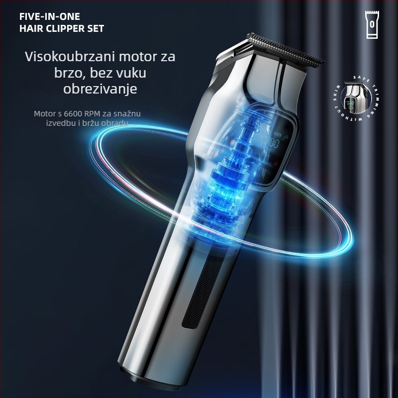 Pet u jednom: muški višefunkcionalni uređaj za šišanje kose s LCD zaslonom, punjiv, ugrađena baterija 1200–2000 mAh, oštrice od nehrđajućeg čelika, perive oštrice