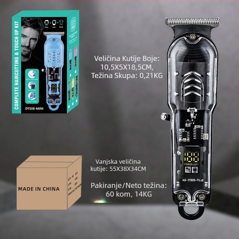 T9 električni brijač s brushless motorom, oštrice od titanij‑legure, odvojiva i periva glava, ugrađena baterija 300–500 mAh, buka ispod 36 dB