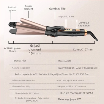 Pegla za kosu i uvijač – dvostruka funkcija, keramno grijanje, 50W, 220V, 2-stupanjaska kontrola temperature
