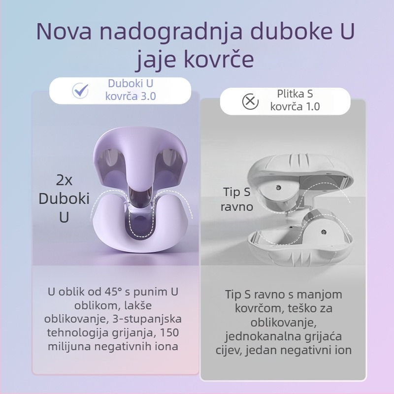 Kovrčalo za kosu s dubokim U dizajnom i jajastim valjkom, turmalinsko-keramički grijač, 100W, 220V