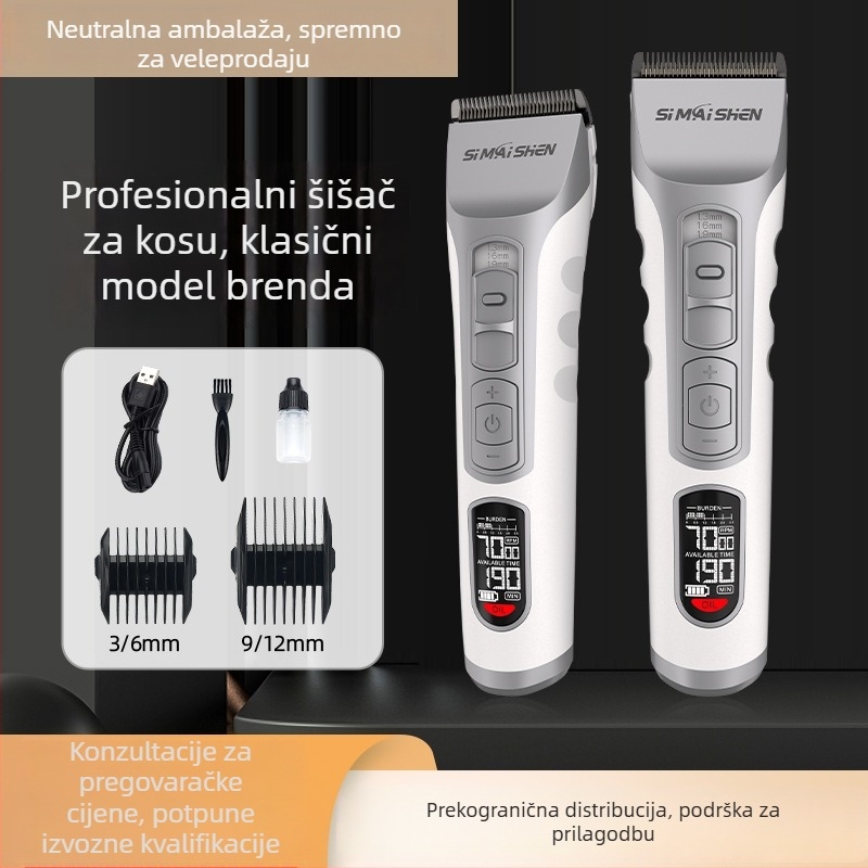 Električni šišač za kosu – punjivi dvostruki izvor napajanja, ugrađena baterija 2000–4000 mAh, radno vrijeme 3–6 sati, keramička oštrica