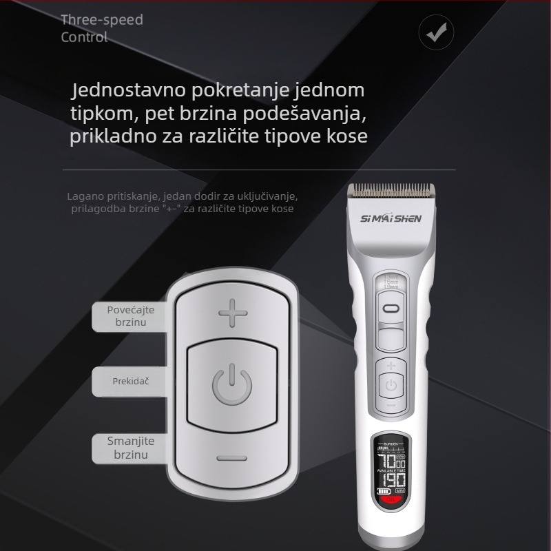 Električni šišač za kosu – punjivi dvostruki izvor napajanja, ugrađena baterija 2000–4000 mAh, radno vrijeme 3–6 sati, keramička oštrica