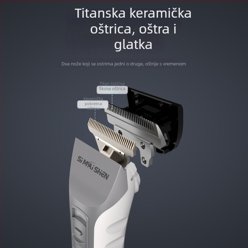 Električni šišač za kosu – punjivi dvostruki izvor napajanja, ugrađena baterija 2000–4000 mAh, radno vrijeme 3–6 sati, keramička oštrica
