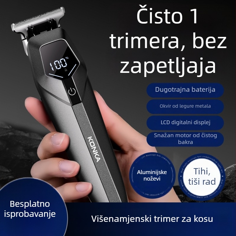 Konka električni aparat za kosu za kućnu upotrebu, punjiva, oštrice od nehrđajućeg čelika, ugrađena baterija, autonomija 1–3 sata, tih rad ispod 36 dB
