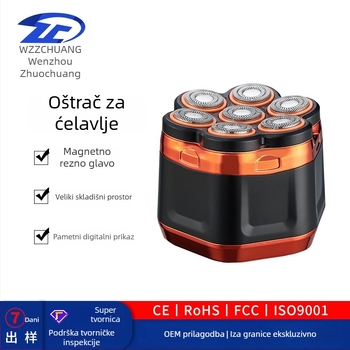 Muški prijenosni električni brijač s glavom od sedam oštrica, vodootporan za cijelo tijelo, ugrađena baterija 1200–2000 mAh, Type-C punjenje, digitalni zaslon