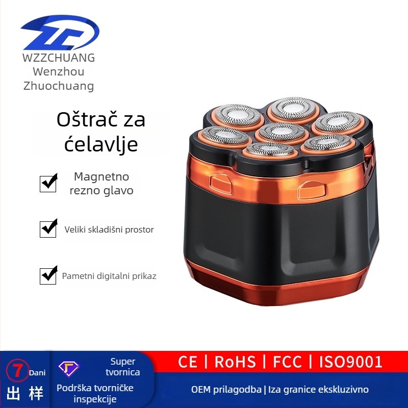 Muški prijenosni električni brijač s glavom od sedam oštrica, vodootporan za cijelo tijelo, ugrađena baterija 1200–2000 mAh, Type-C punjenje, digitalni zaslon