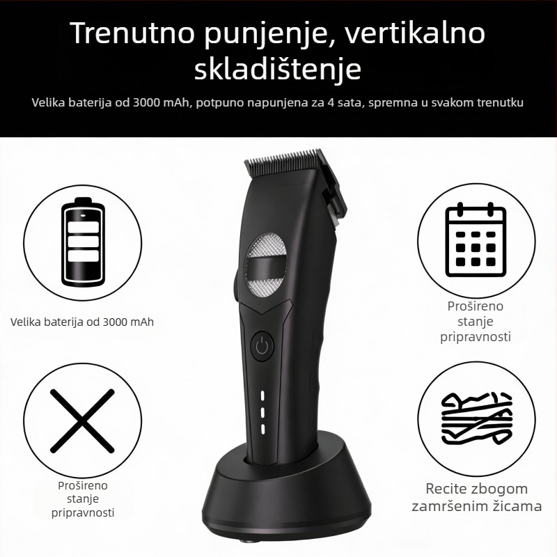 Kosački stroj s bazom za punjenje, bežični električni trim za odrasle, profesionalni brijač-kliper, brushless motor, keramičke oštrice, ugrađena baterija 2000–4000 mAh