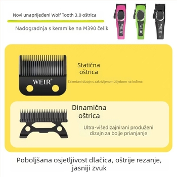 Profesionalni kliper za kosu za muškarce – punjivi, motor s četkom, nehrđajućeg čelika nože, ugrađena baterija, niska buka 36–45 dB